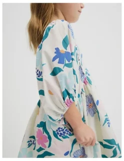 Country Road Short Puff Sleeve Print Dress in Light Floral Print