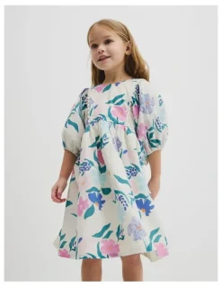 Country Road Short Puff Sleeve Print Dress in Light Floral Print