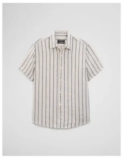Country Road Short Sleeve Regular Fit Linen Stripe Shirt in Stone