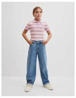 Country Road Short Sleeve Stripe Polo Top in Wisteria Stripe