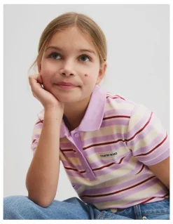 Country Road Short Sleeve Stripe Polo Top in Wisteria Stripe