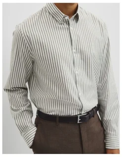 Country Road Slim Fit Cotton Stripe Shirt in Deep Khaki