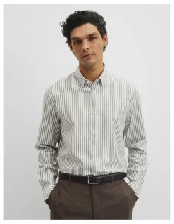 Country Road Slim Fit Cotton Stripe Shirt in Deep Khaki