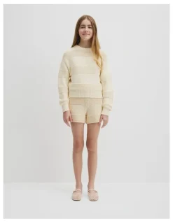 Country Road Teen Australian Cotton Blend Long Sleeve Relaxed Crop Knit in Stone