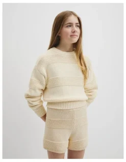 Country Road Teen Australian Cotton Blend Long Sleeve Relaxed Crop Knit in Stone
