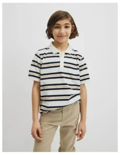 Country Road Teen Australian Cotton Stripe Polo in Navy Honey Strp