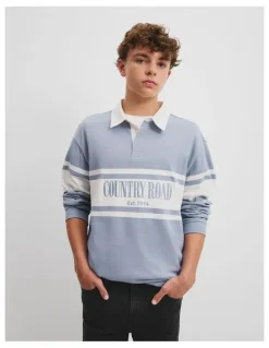 Country Road Teen Australian Cotton Panelled Rugby Shirt in Slate Blue