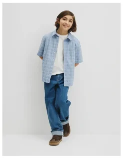 Country Road Teen Contrast Check Short Sleeve Shirt in Mid Blue