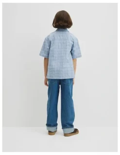 Country Road Teen Contrast Check Short Sleeve Shirt in Mid Blue