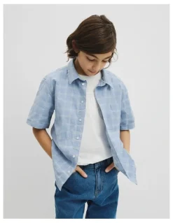 Country Road Teen Contrast Check Short Sleeve Shirt in Mid Blue
