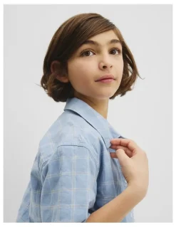 Country Road Teen Contrast Check Short Sleeve Shirt in Mid Blue