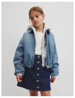 Country Road Teen Denim Pleated Bomber in Light Blue Wash