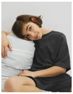 Country Road Teen Organically Grown Cotton Blend Short Sleeve Relaxed Pyjama Set in Charcoal Marle