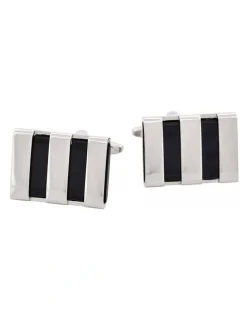 Cudworth Polished Rhodium Plated Striped Onyx Cufflinks