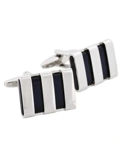 Cudworth Polished Rhodium Plated Striped Onyx Cufflinks