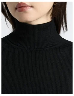 Cue Merino Turtle Neck Ribbed Knit Top in Black
