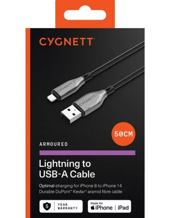 Cygnett Armoured Lightning to USB A Cable 50cm in Black