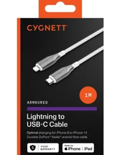 Cygnett Armoured Lightning to USB C Cable 1M in White