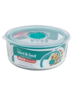 Decor Vent And Seal Round Glass Food Storage 750ml in Teal