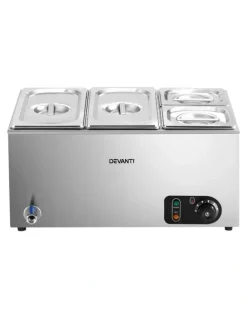 Devanti Commercial Food Warmer Bain Marie Electric Buffet 4 Pans in Silver