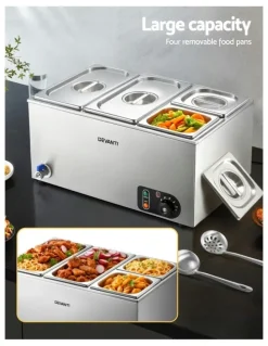 Devanti Commercial Food Warmer Bain Marie Electric Buffet 4 Pans in Silver