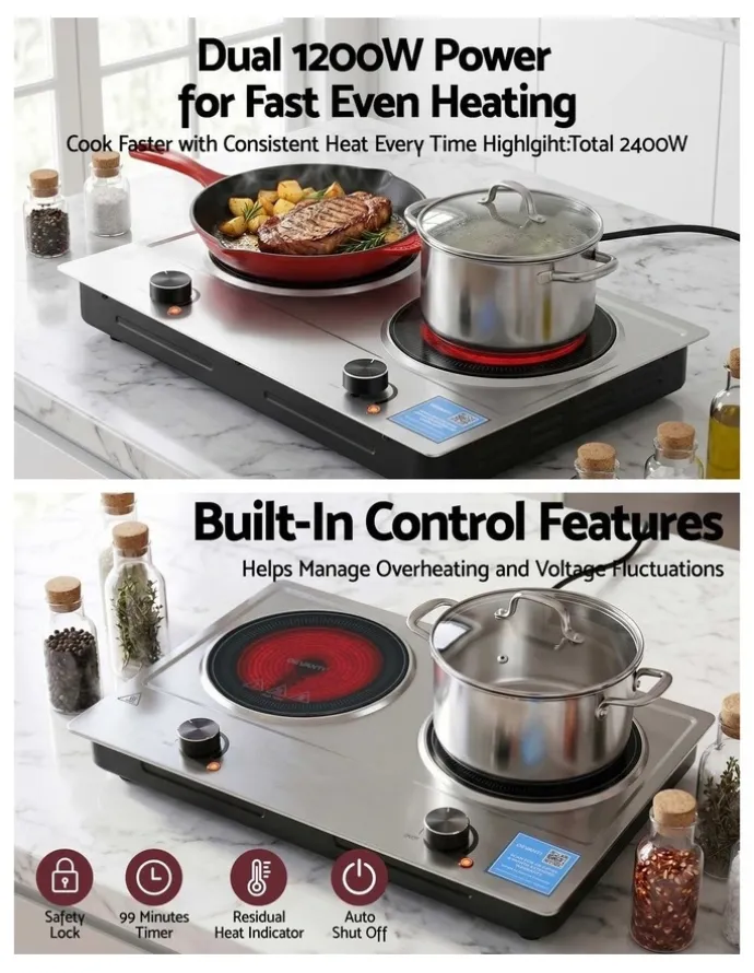 Devanti Devanti 2 Hobs Ceramic Cooktop Electric Hot Plate Infrared Knob Control 2400W