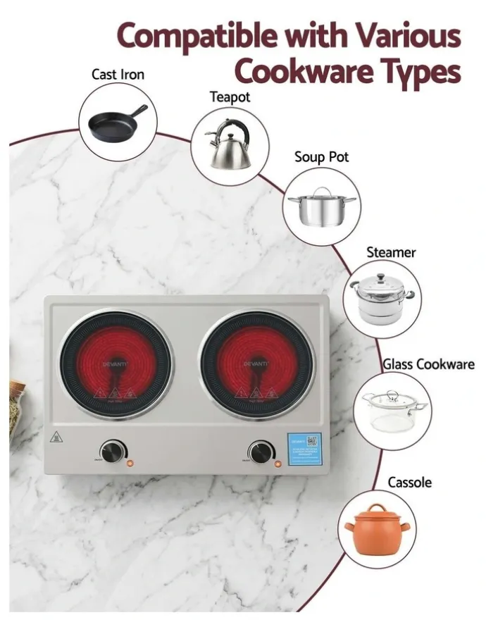 Devanti Devanti 2 Hobs Ceramic Cooktop Electric Hot Plate Infrared Knob Control 2400W