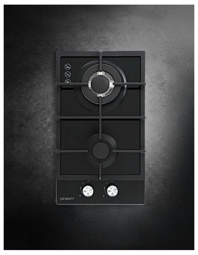 Devanti Gas Cooktop 30cm 2 Burner Built-in Stove Glass Cook Top NG LPG Wok Burner