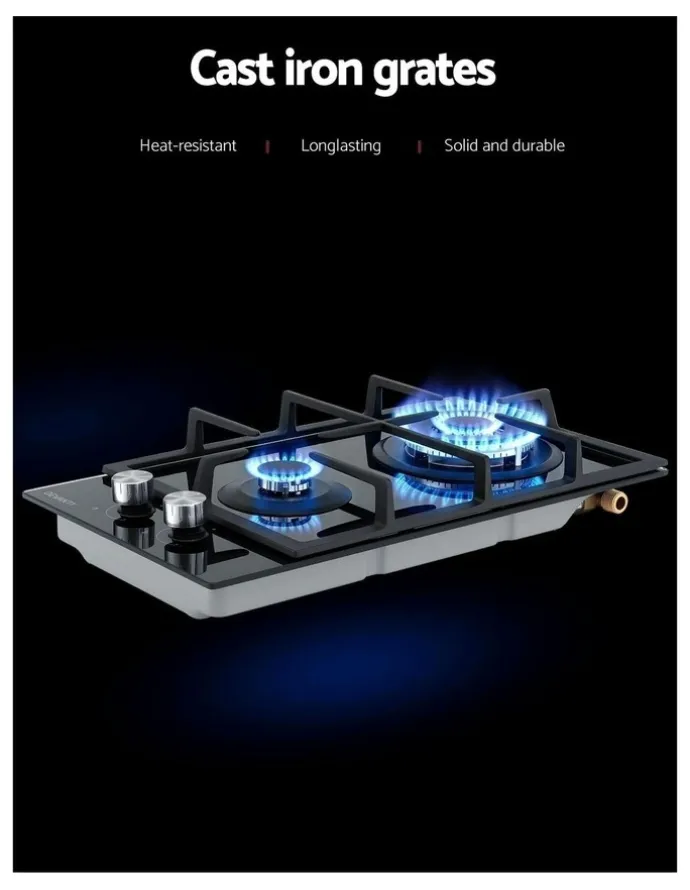 Devanti Gas Cooktop 30cm 2 Burner Built-in Stove Glass Cook Top NG LPG Wok Burner