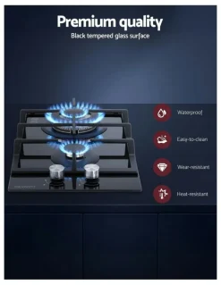 Devanti Gas Cooktop 30cm 2 Burner Built-in Stove Glass Cook Top NG LPG Wok Burner