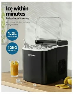 Devanti Ice Maker Machine Portable 12kg Countertop with Self Cleaning 1.2L in Black