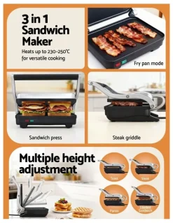 Devanti 3 in 1 Sandwich Maker Steak Press Grill 1000W in Black