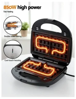 Devanti 3 in 1 Sandwich Press Waffle Maker Grill 850W in Black