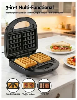 Devanti 3 in 1 Sandwich Press Waffle Maker Grill 850W in Black