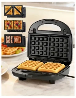 Devanti 3 in 1 Sandwich Press Waffle Maker Grill 850W in Black