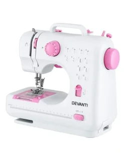 Devanti Mini Sewing Machine with LED Lights 12 Stitches in White Pink