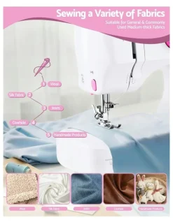 Devanti Mini Sewing Machine with LED Lights 12 Stitches in White Pink