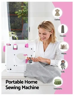 Devanti Mini Sewing Machine with LED Lights 12 Stitches in White Pink