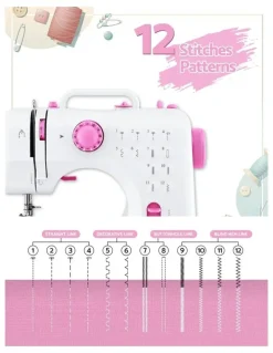 Devanti Mini Sewing Machine with LED Lights 12 Stitches in White Pink