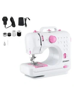 Devanti Mini Sewing Machine with LED Lights 12 Stitches in White Pink
