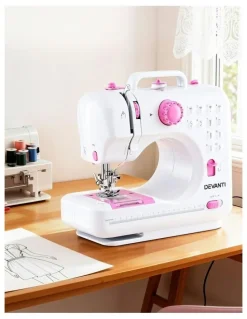 Devanti Mini Sewing Machine with LED Lights 12 Stitches in White Pink