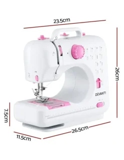 Devanti Mini Sewing Machine with LED Lights 12 Stitches in White Pink