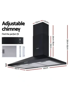 Devanti Range Hood Rangehood 90cm 900mm Kitchen Canopy LED Light Wall Mount Black
