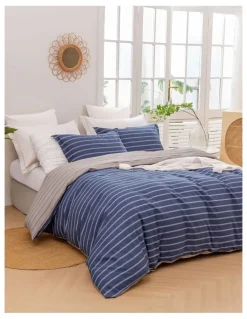 Dreamaker Amalfi Stripe Cotton Reversible Quilt Cover Set in Blue