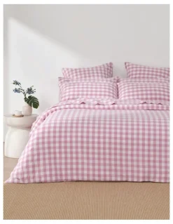 Dreamaker Lola Gingham Washed Cotton Quilt Cover Set in Pearl Pink