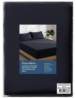 Dreamaker Superfine Washed Microfibre Combo Fitted Sheet Set in Navy