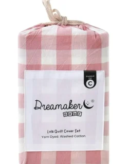 Dreamaker Washed Cotton Yarn Dyed Gingham Cot Quilt Cover Set in Pink Pearl