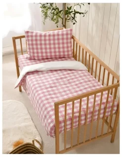 Dreamaker Washed Cotton Yarn Dyed Gingham Cot Quilt Cover Set in Pink Pearl