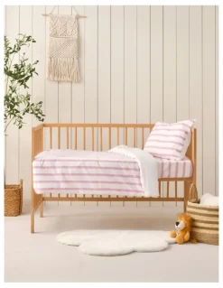 Dreamaker Washed Cotton Yarn Dyed Stripe Cot Quilt Cover Set in Pink Pearl