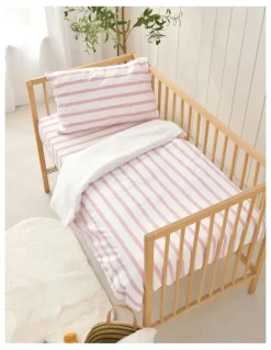 Dreamaker Washed Cotton Yarn Dyed Stripe Cot Quilt Cover Set in Pink Pearl
